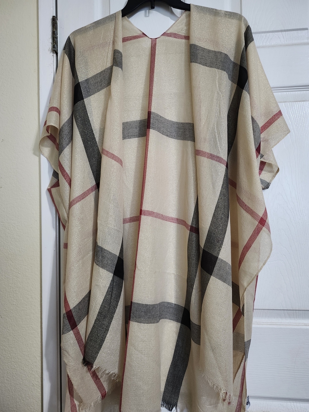 Jessica McClintock Cream Plaid Open Front Kimono with Black and Red Stripes